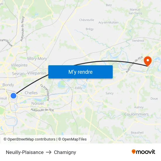 Neuilly-Plaisance to Chamigny map