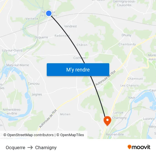 Ocquerre to Chamigny map