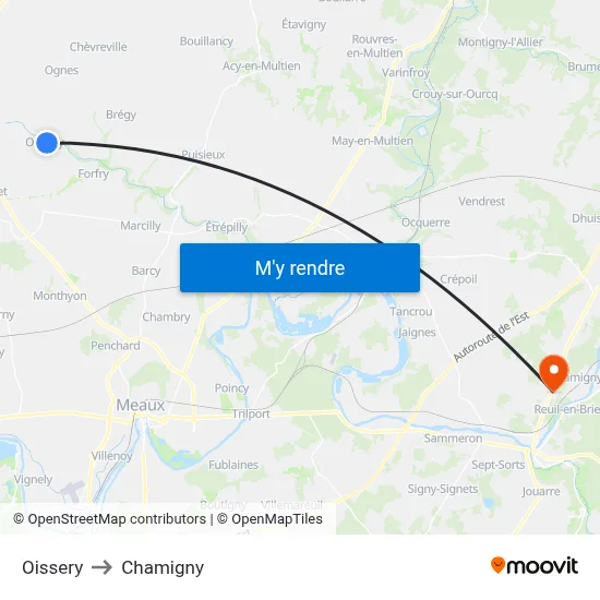 Oissery to Chamigny map