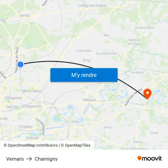 Vemars to Chamigny map