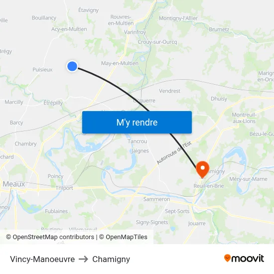Vincy-Manoeuvre to Chamigny map