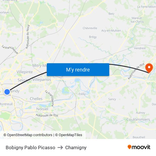 Bobigny Pablo Picasso to Chamigny map