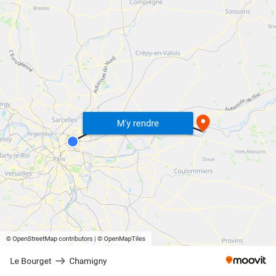 Le Bourget to Chamigny map