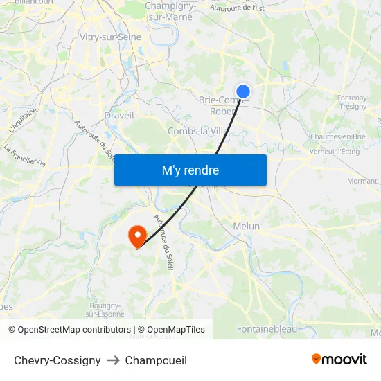 Chevry-Cossigny to Champcueil map