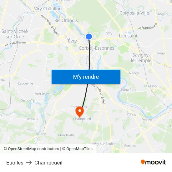 Etiolles to Champcueil map
