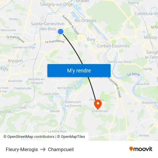 Fleury-Merogis to Champcueil map