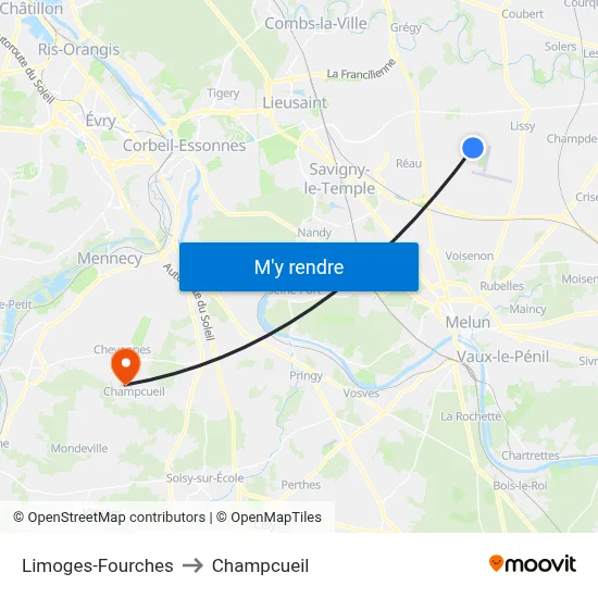 Limoges-Fourches to Champcueil map