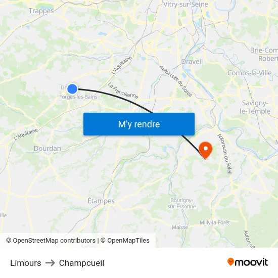 Limours to Champcueil map