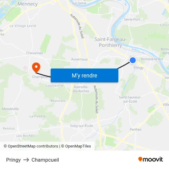 Pringy to Champcueil map