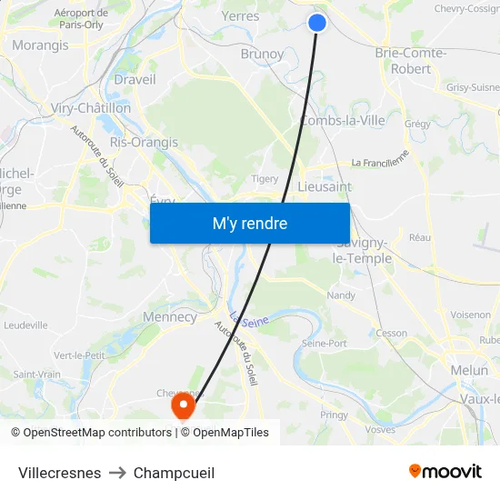 Villecresnes to Champcueil map