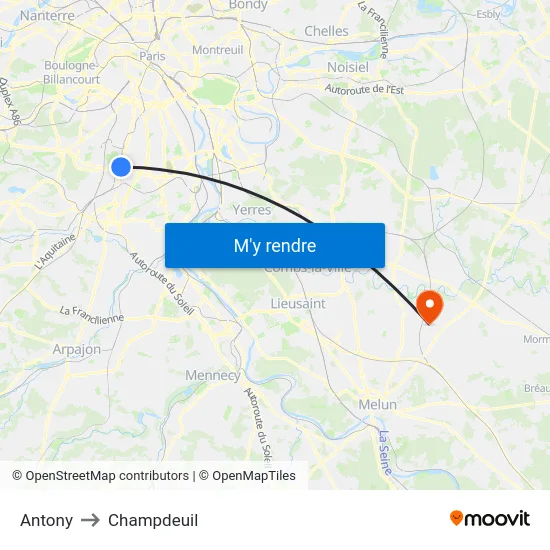 Antony to Champdeuil map
