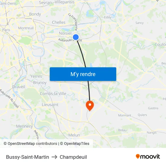 Bussy-Saint-Martin to Champdeuil map