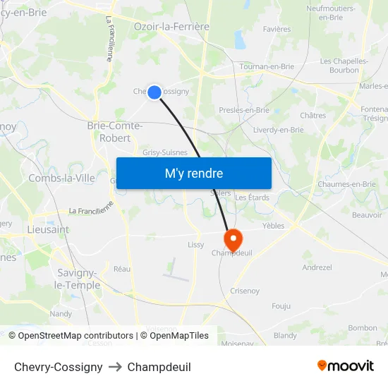 Chevry-Cossigny to Champdeuil map