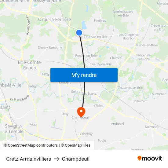 Gretz-Armainvilliers to Champdeuil map