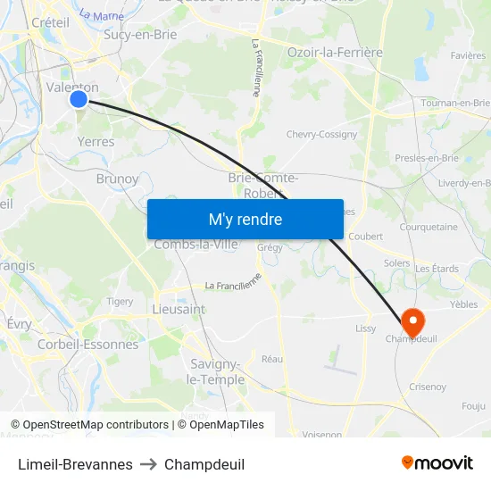 Limeil-Brevannes to Champdeuil map