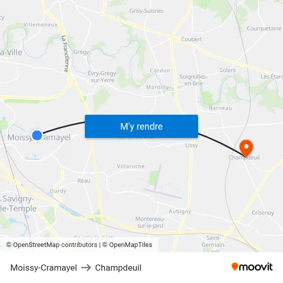 Moissy-Cramayel to Champdeuil map