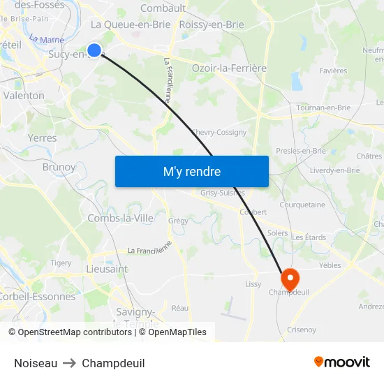Noiseau to Champdeuil map