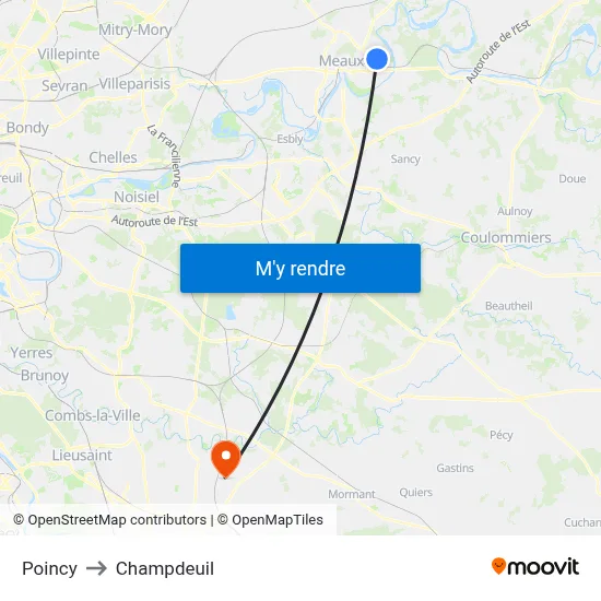 Poincy to Champdeuil map