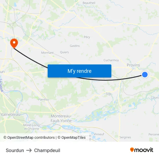 Sourdun to Champdeuil map
