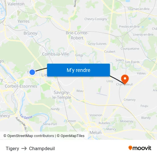 Tigery to Champdeuil map