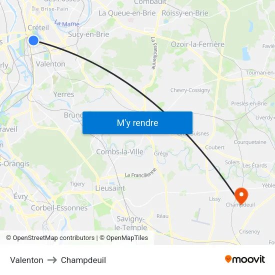 Valenton to Champdeuil map
