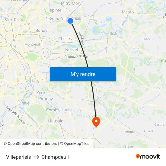 Villeparisis to Champdeuil map