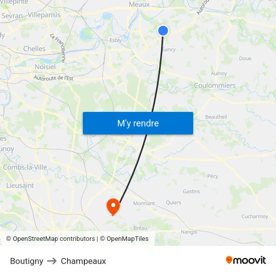 Boutigny to Champeaux map