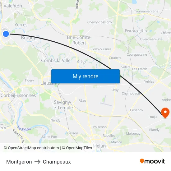 Montgeron to Champeaux map