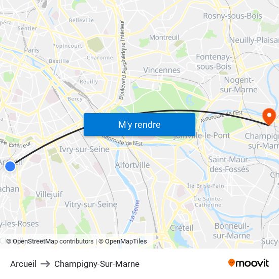 Arcueil to Champigny-Sur-Marne map