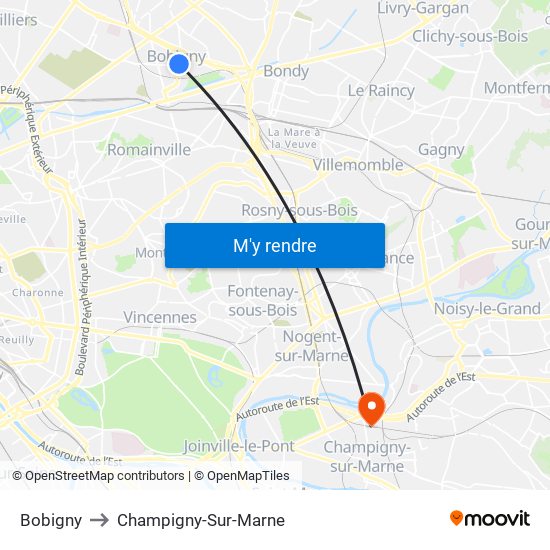 Bobigny to Champigny-Sur-Marne map
