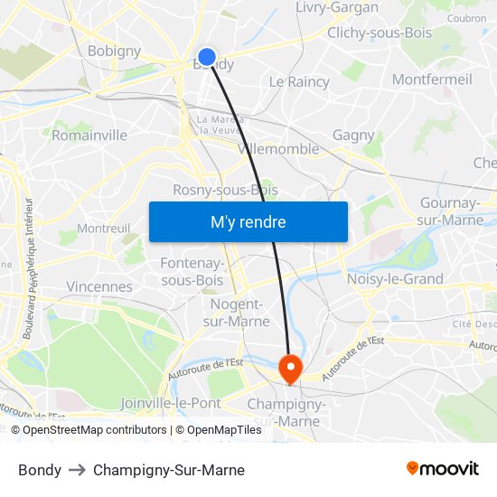 Bondy to Champigny-Sur-Marne map