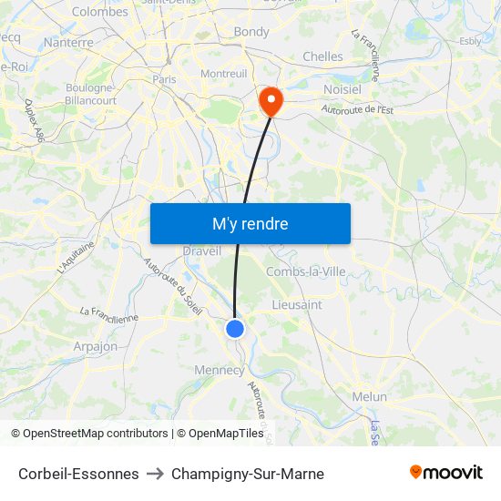 Corbeil-Essonnes to Champigny-Sur-Marne map