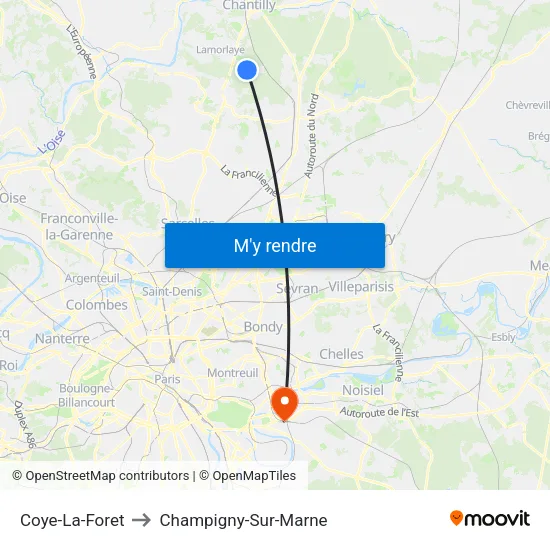 Coye-La-Foret to Champigny-Sur-Marne map