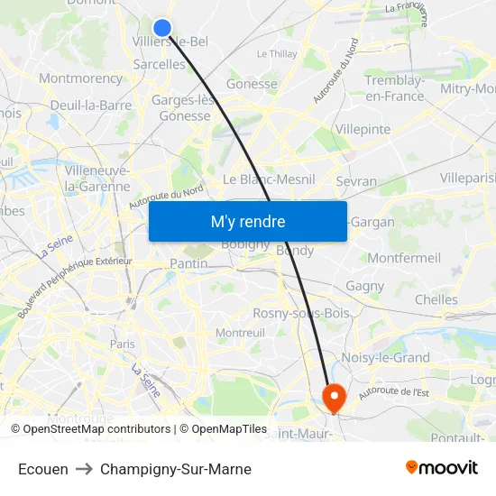 Ecouen to Champigny-Sur-Marne map