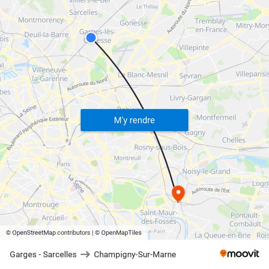 Garges - Sarcelles to Champigny-Sur-Marne map