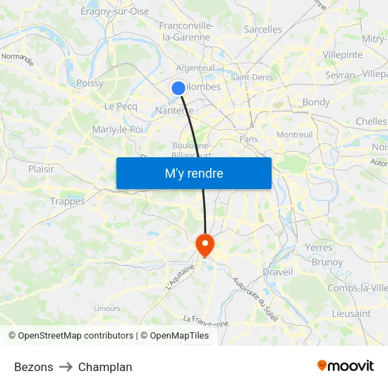 Bezons to Champlan map