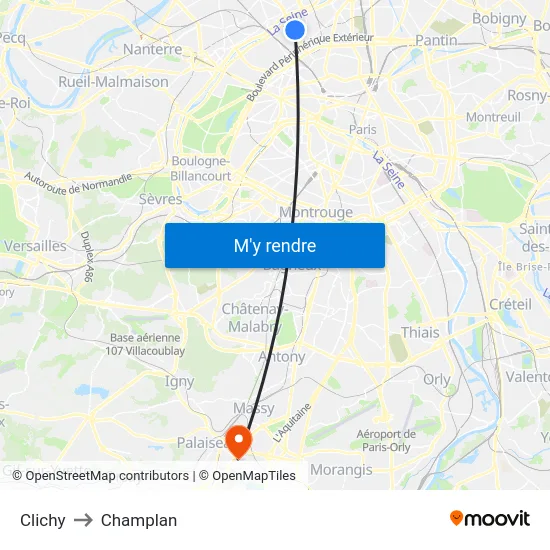 Clichy to Champlan map