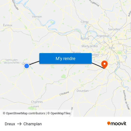 Dreux to Champlan map