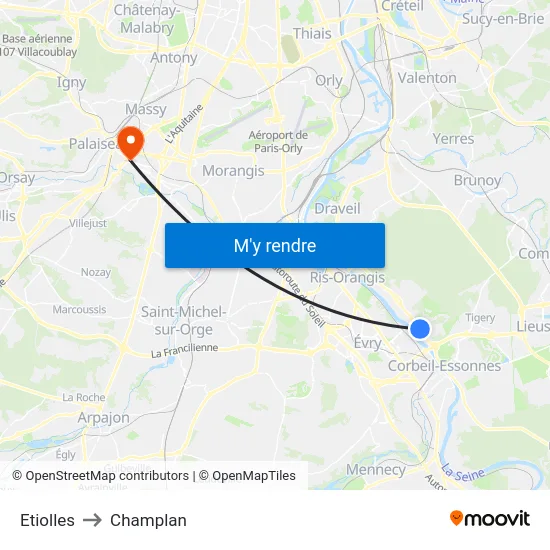 Etiolles to Champlan map