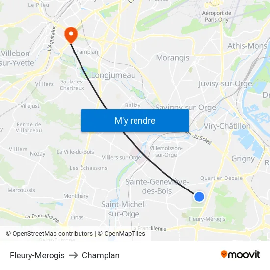 Fleury-Merogis to Champlan map