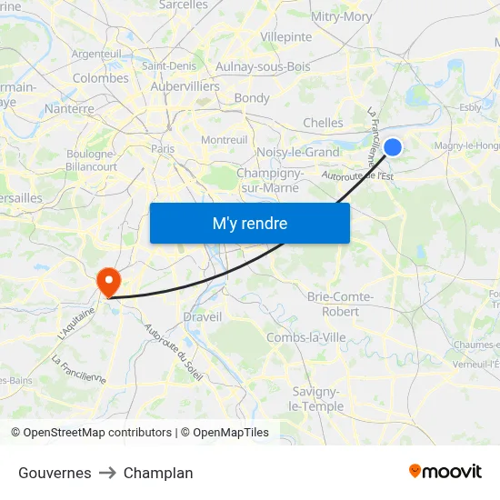Gouvernes to Champlan map