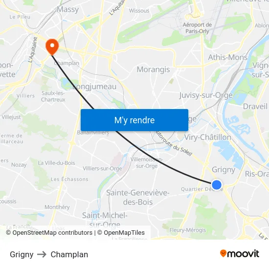 Grigny to Champlan map