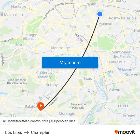 Les Lilas to Champlan map