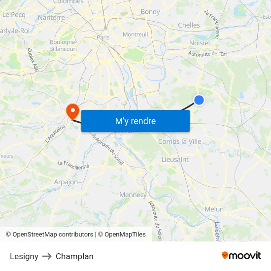 Lesigny to Champlan map