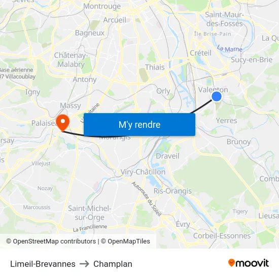 Limeil-Brevannes to Champlan map