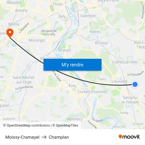 Moissy-Cramayel to Champlan map