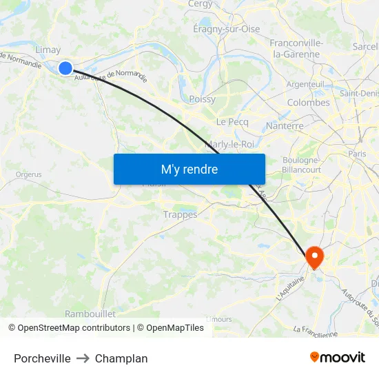 Porcheville to Champlan map