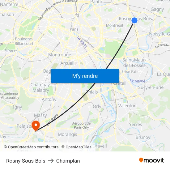 Rosny-Sous-Bois to Champlan map