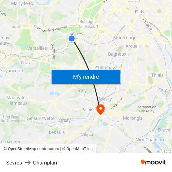 Sevres to Champlan map