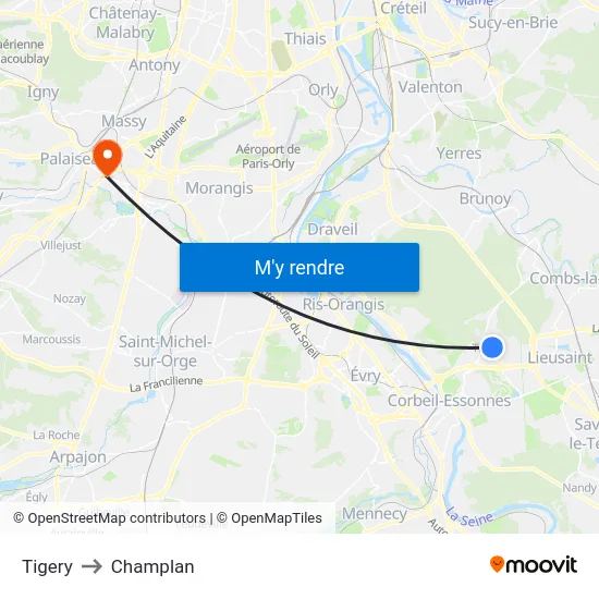 Tigery to Champlan map